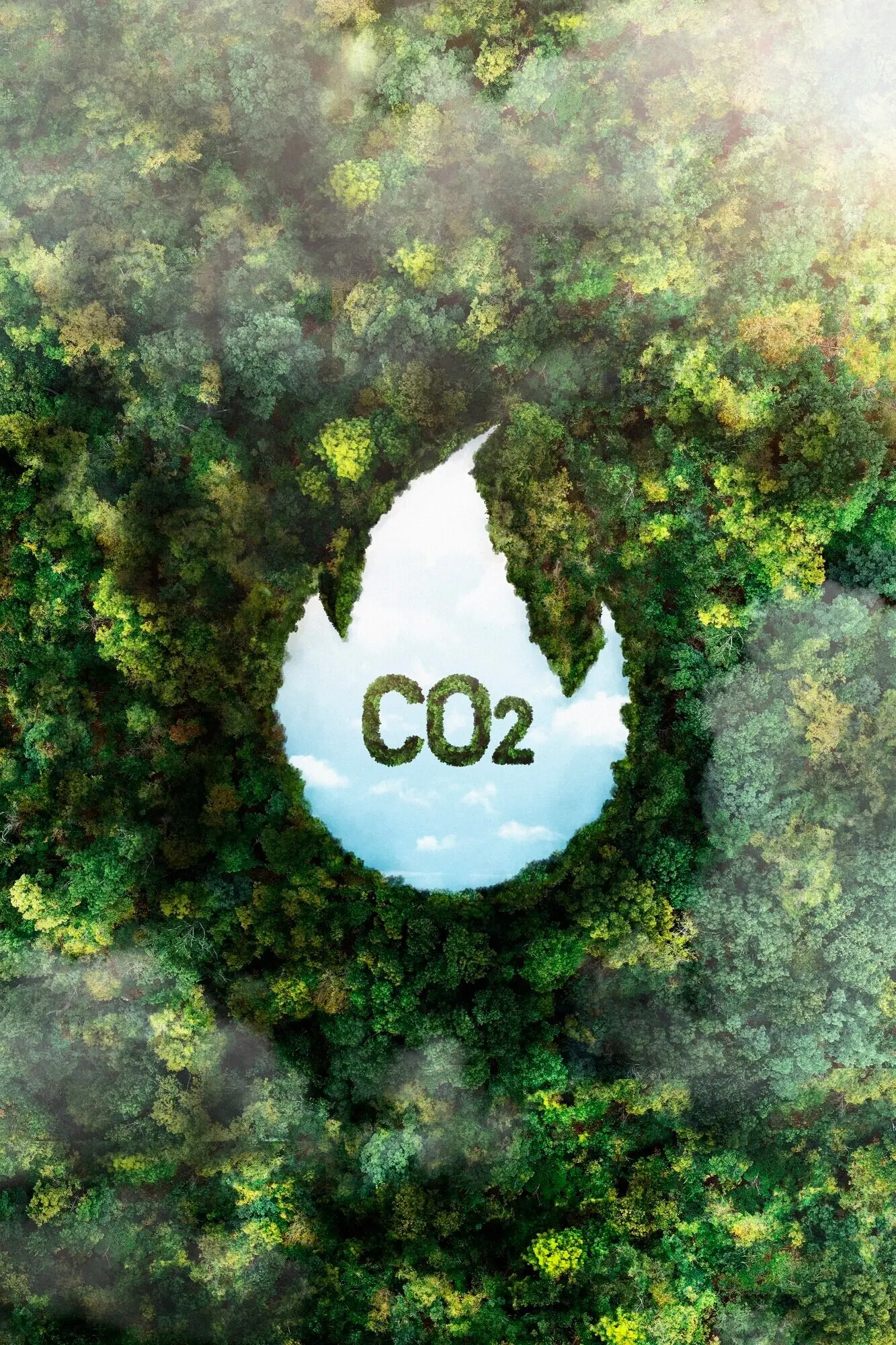 Вид на зелёные лесные деревья с CO2.