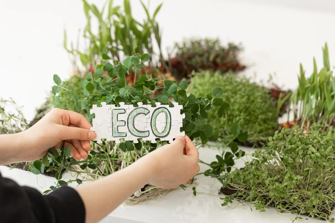 В руках держат пазл с надписью «eco» на фоне микрозелени.
